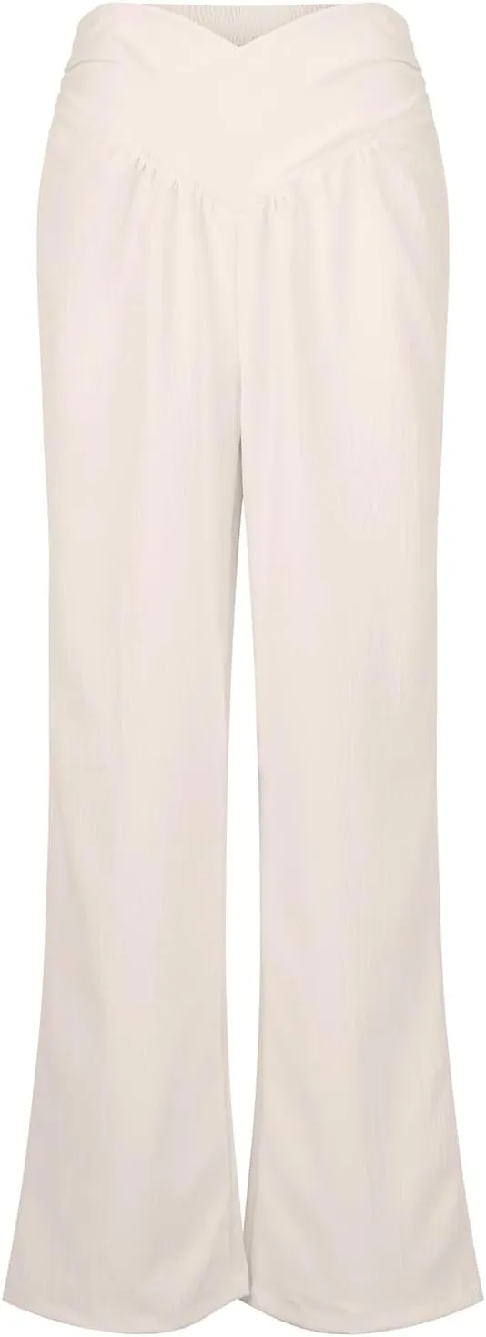 Womens Linen Pants Flowy Crossover Wide Leg Pants Palazzo Pants with Pockets High Waisted Summer Beach Pants 2024