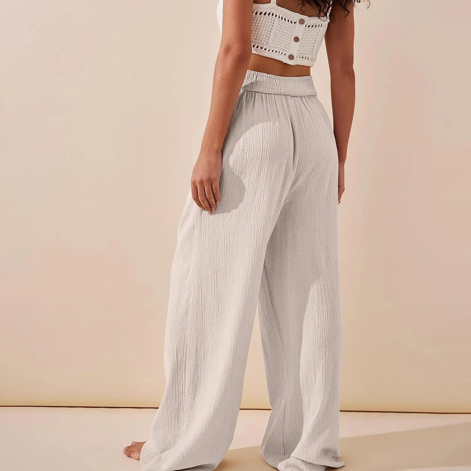 Womens Linen Pants Flowy Crossover Wide Leg Pants Palazzo Pants with Pockets High Waisted Summer Beach Pants 2024