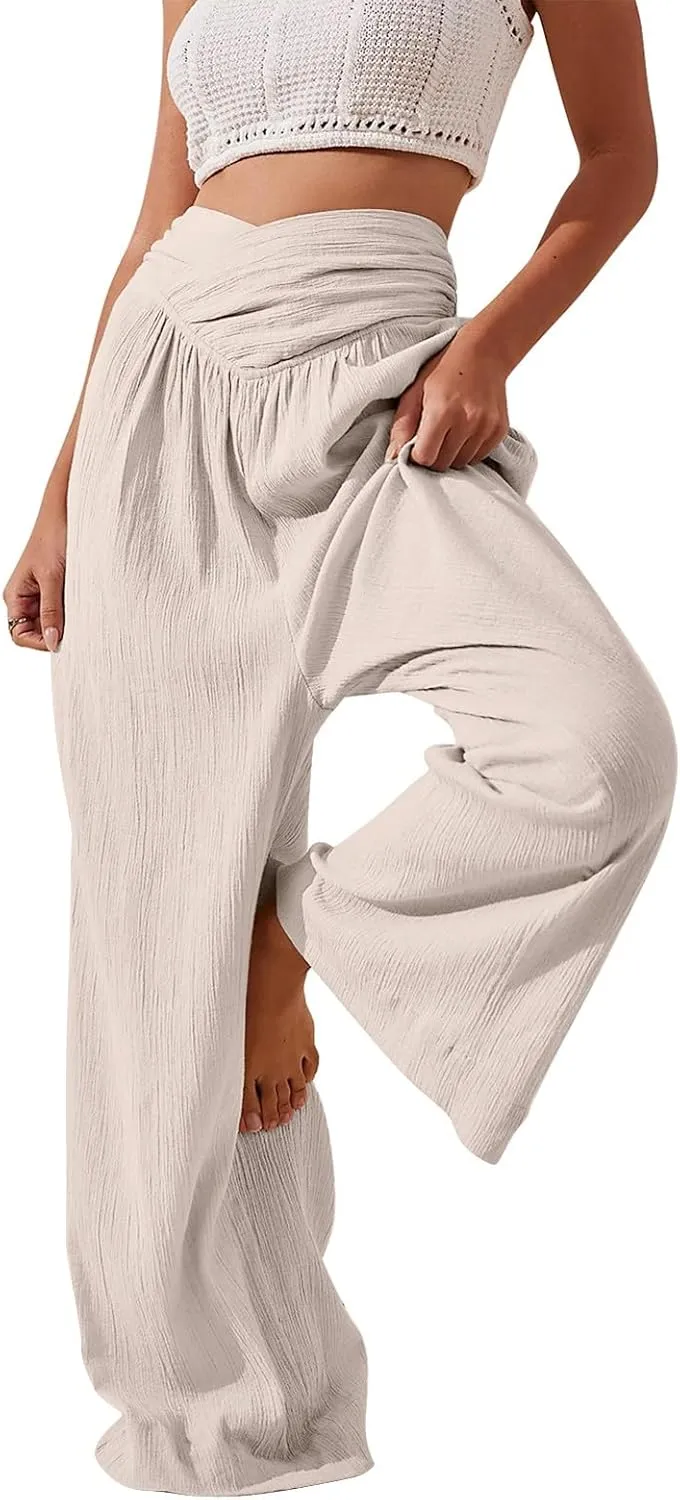 Womens Linen Pants Flowy Crossover Wide Leg Pants Palazzo Pants with Pockets High Waisted Summer Beach Pants 2024