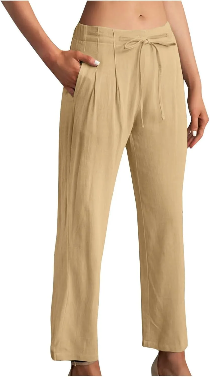 Womens Linen Pants Wide Leg Stretch Elastic Waist Pants Comfy Straight Leg Trousers Casual Trendy Summer Clothes