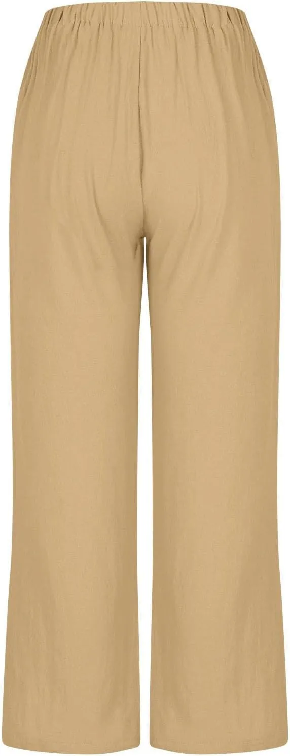 Womens Linen Pants Wide Leg Stretch Elastic Waist Pants Comfy Straight Leg Trousers Casual Trendy Summer Clothes