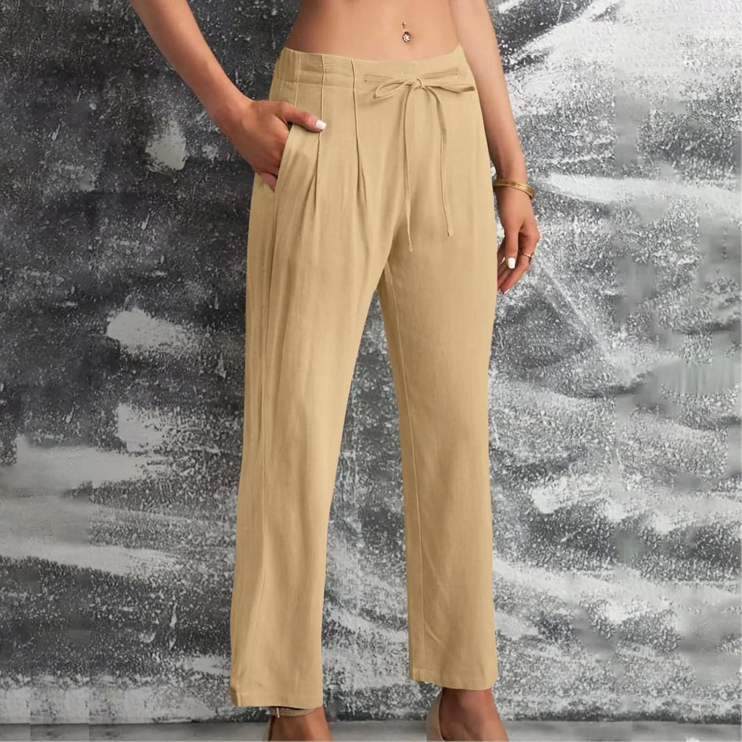 Womens Linen Pants Wide Leg Stretch Elastic Waist Pants Comfy Straight Leg Trousers Casual Trendy Summer Clothes