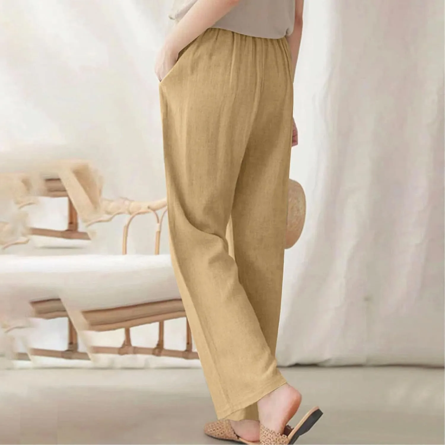 Womens Linen Pants Wide Leg Stretch Elastic Waist Pants Comfy Straight Leg Trousers Casual Trendy Summer Clothes
