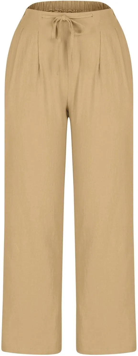 Womens Linen Pants Wide Leg Stretch Elastic Waist Pants Comfy Straight Leg Trousers Casual Trendy Summer Clothes