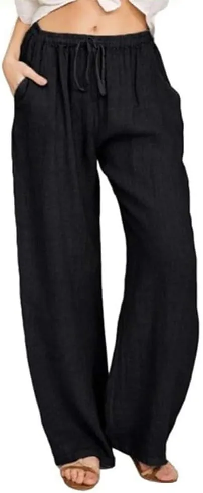 Women's Linen Summer Palazzo Pants Boho Wide Leg Drawstring High Rise Lightweight Jogger Sweatpants with Pockets
