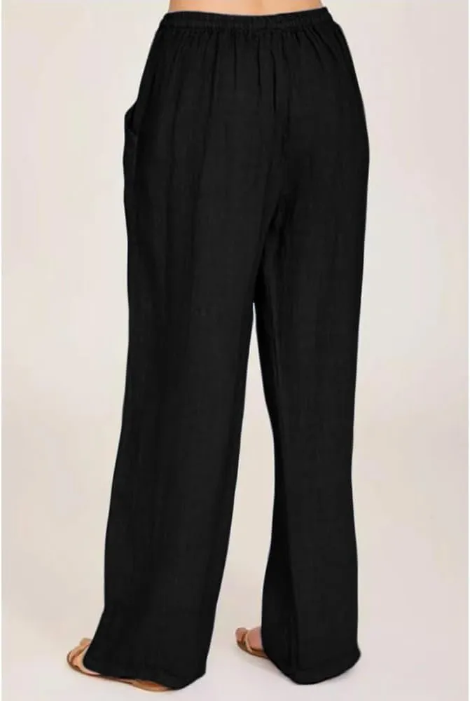 Women's Linen Summer Palazzo Pants Boho Wide Leg Drawstring High Rise Lightweight Jogger Sweatpants with Pockets