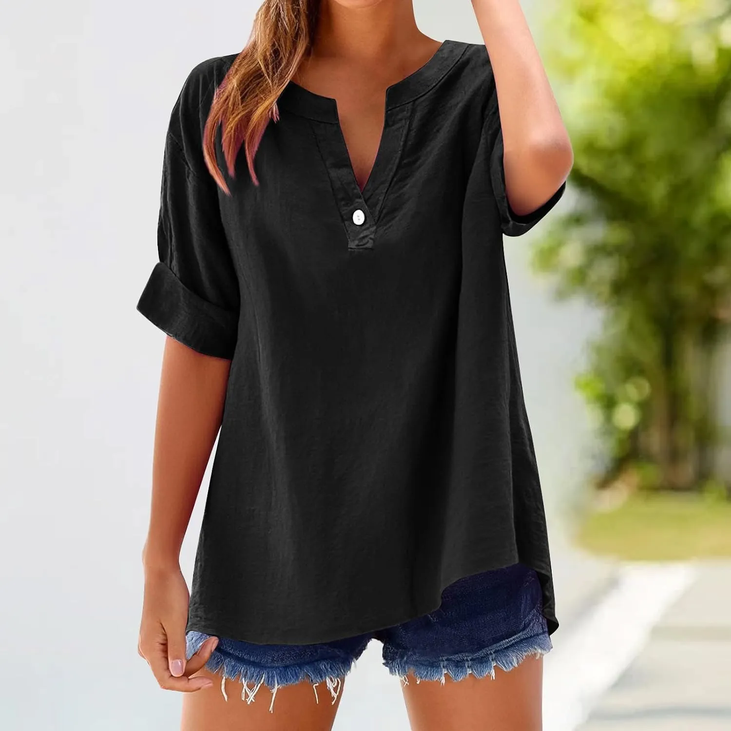 Women's Linen Tops Trendy Loose V Neck Button Down 3/4 Sleeve T-Shirts Casual Breathable Plain Pullover Tee Shirts