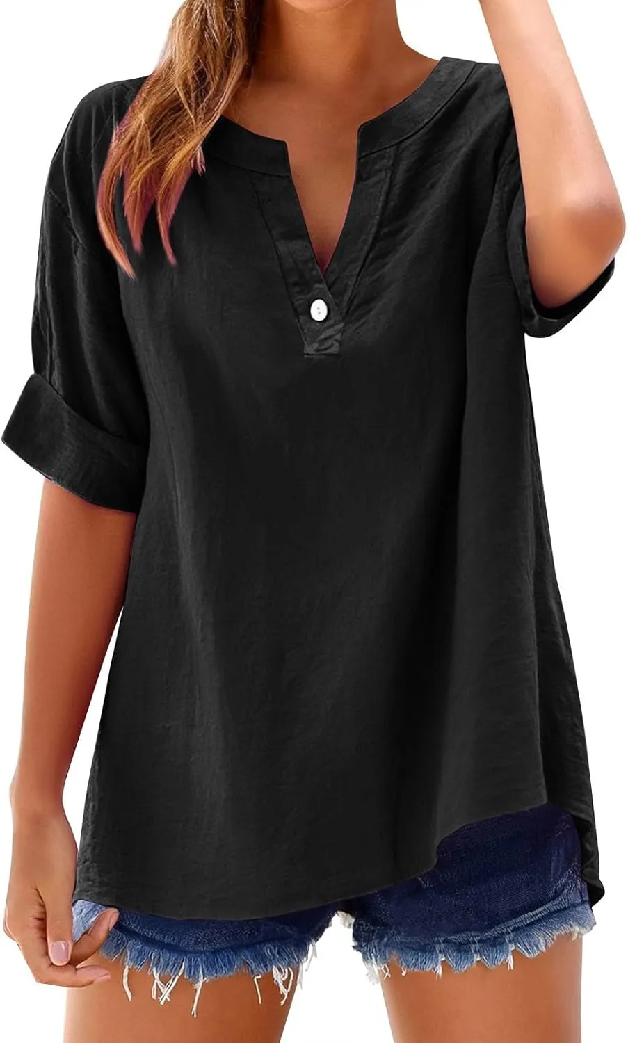 Women's Linen Tops Trendy Loose V Neck Button Down 3/4 Sleeve T-Shirts Casual Breathable Plain Pullover Tee Shirts