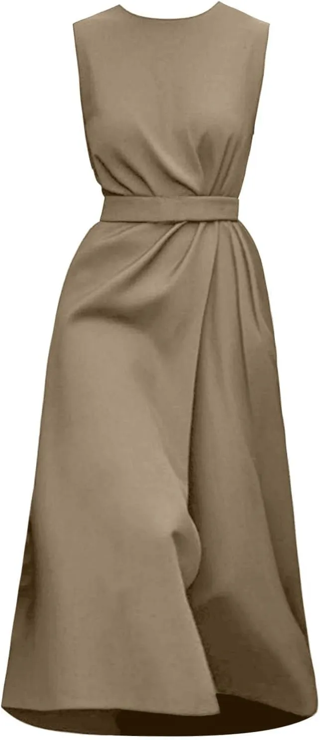 Womens Midi Dresses Sleeveless Belted Formal Wedding Guest Dress Summer Elegant Work Business Loose Plain Dress