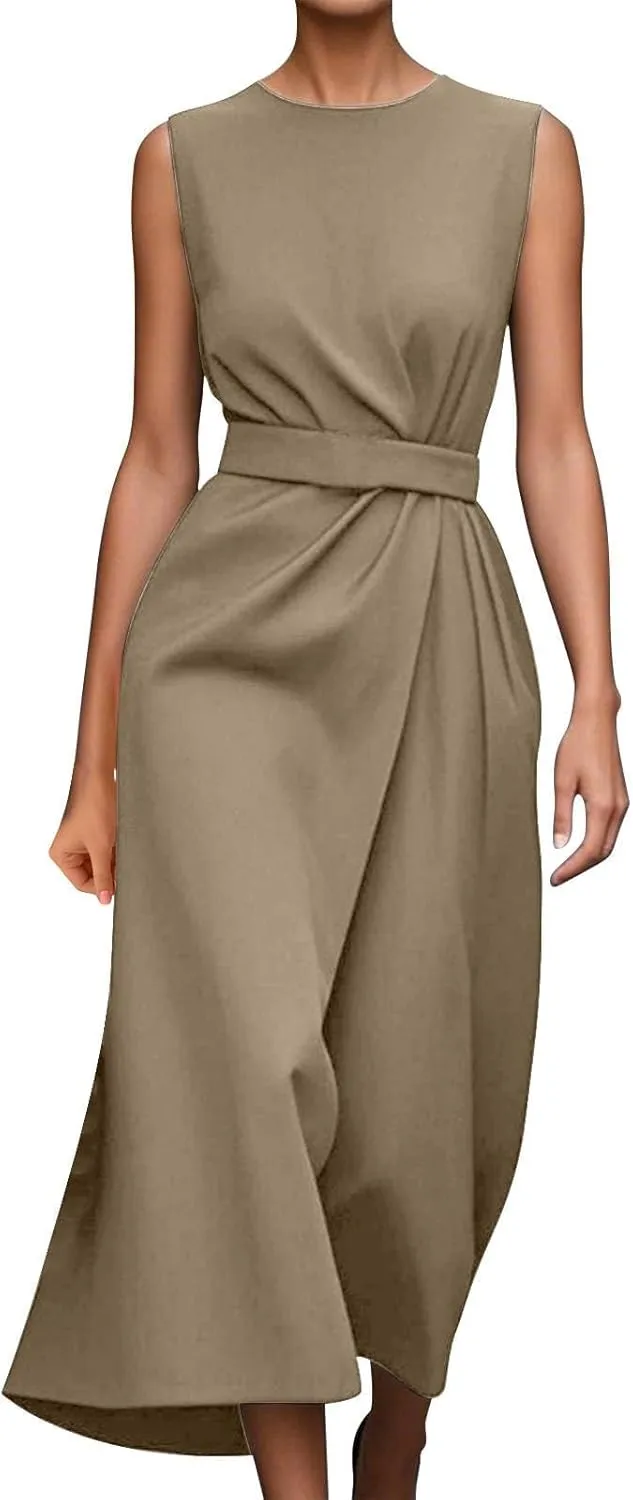 Womens Midi Dresses Sleeveless Belted Formal Wedding Guest Dress Summer Elegant Work Business Loose Plain Dress