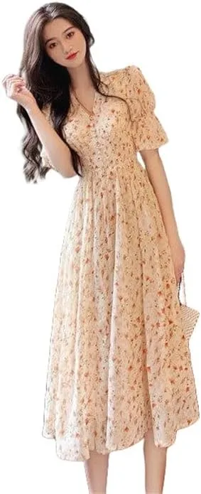 Women's Puff Sleeve Floral Chiffon Long Dress High Waist Slimming for Date Garden Party Elegant Summer