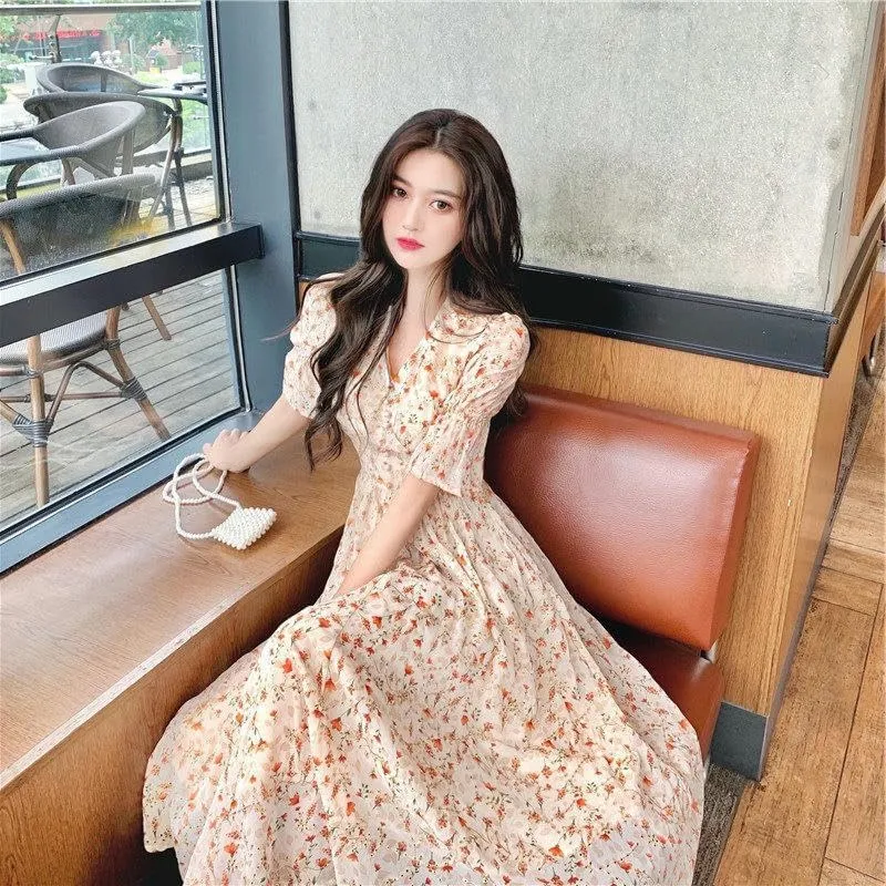 Women's Puff Sleeve Floral Chiffon Long Dress High Waist Slimming for Date Garden Party Elegant Summer