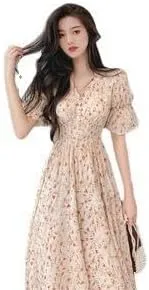 Women's Puff Sleeve Floral Chiffon Long Dress High Waist Slimming for Date Garden Party Elegant Summer