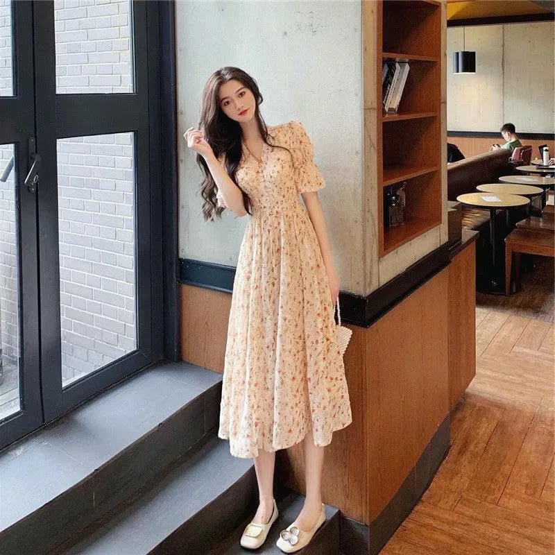 Women's Puff Sleeve Floral Chiffon Long Dress High Waist Slimming for Date Garden Party Elegant Summer