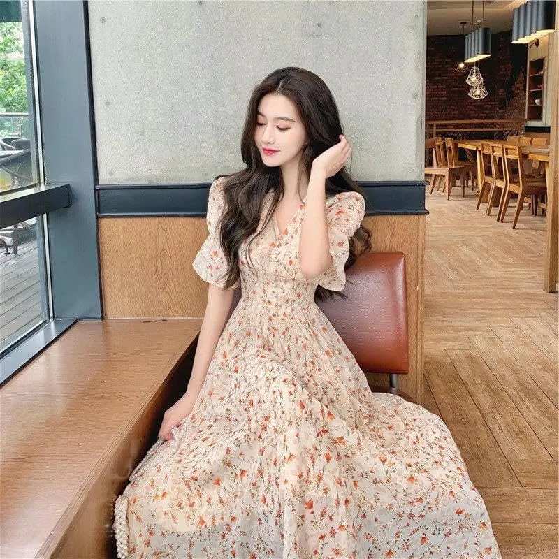 Women's Puff Sleeve Floral Chiffon Long Dress High Waist Slimming for Date Garden Party Elegant Summer