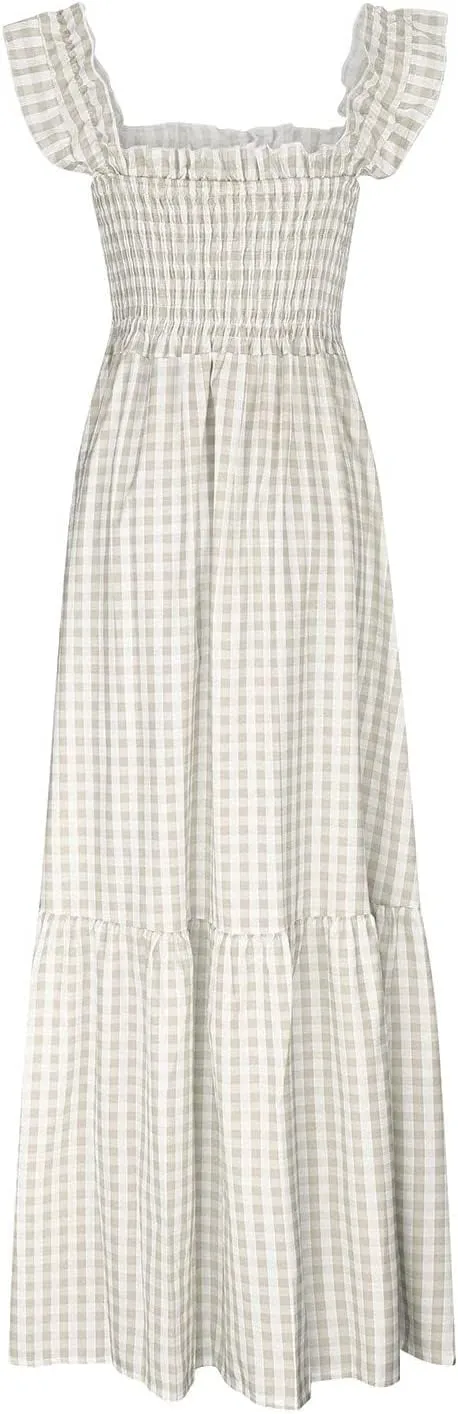 Womens Sleeveless Dresses Retro Plaid Spaghetti Strap Smocked Dress Summer Flowy Flounce Beach Long Dress