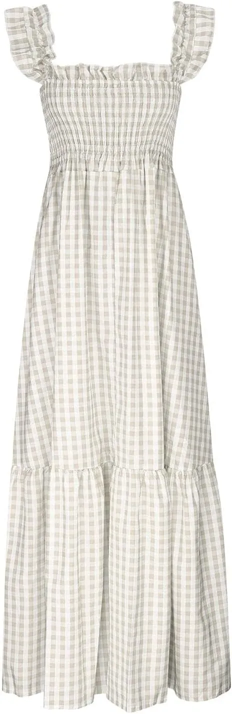 Womens Sleeveless Dresses Retro Plaid Spaghetti Strap Smocked Dress Summer Flowy Flounce Beach Long Dress