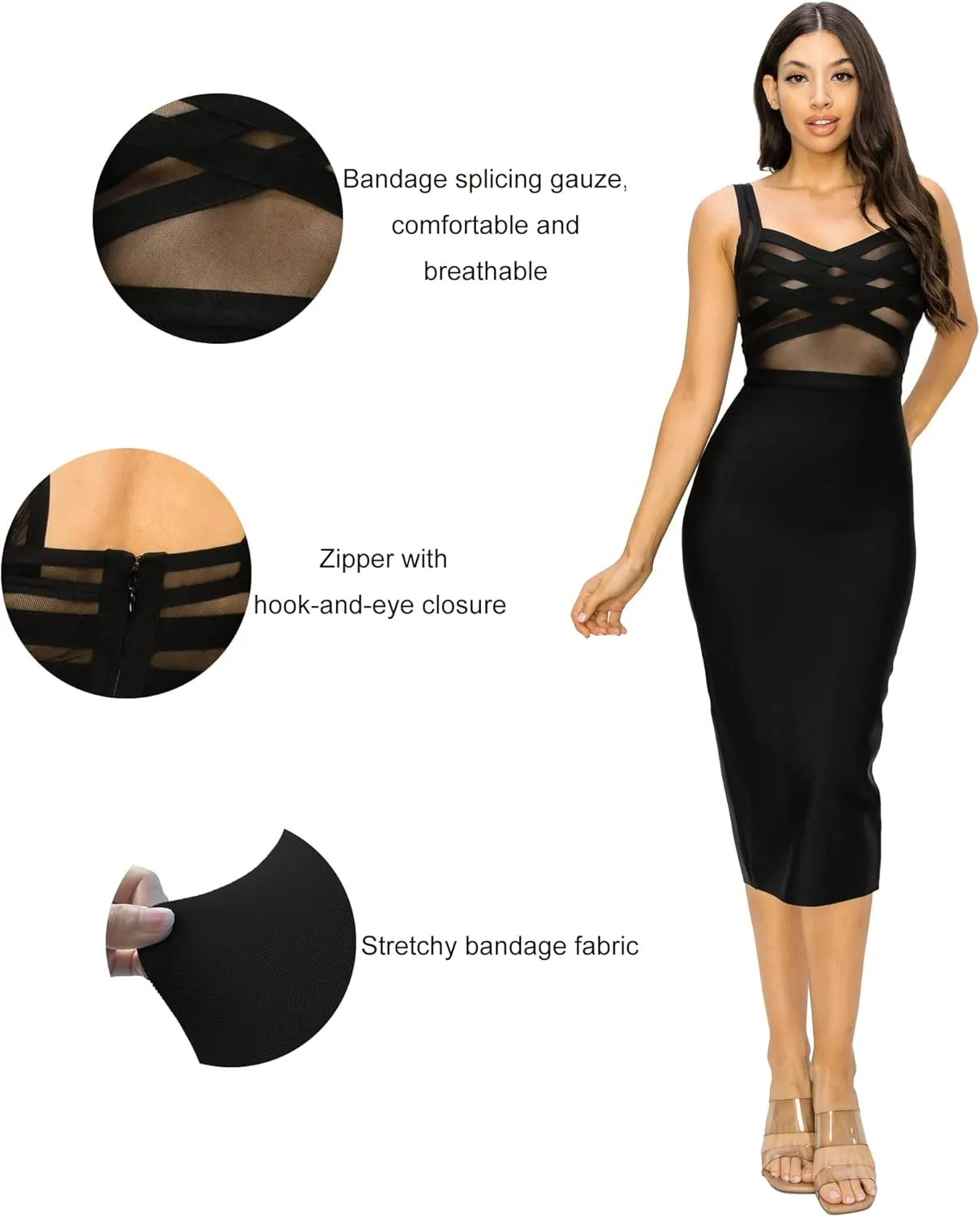 Women's Stretchy Bandage Bodycon Midi Dress Elegant Sleeveless Spaghetti Straps Evening Party Cocktail Dresses