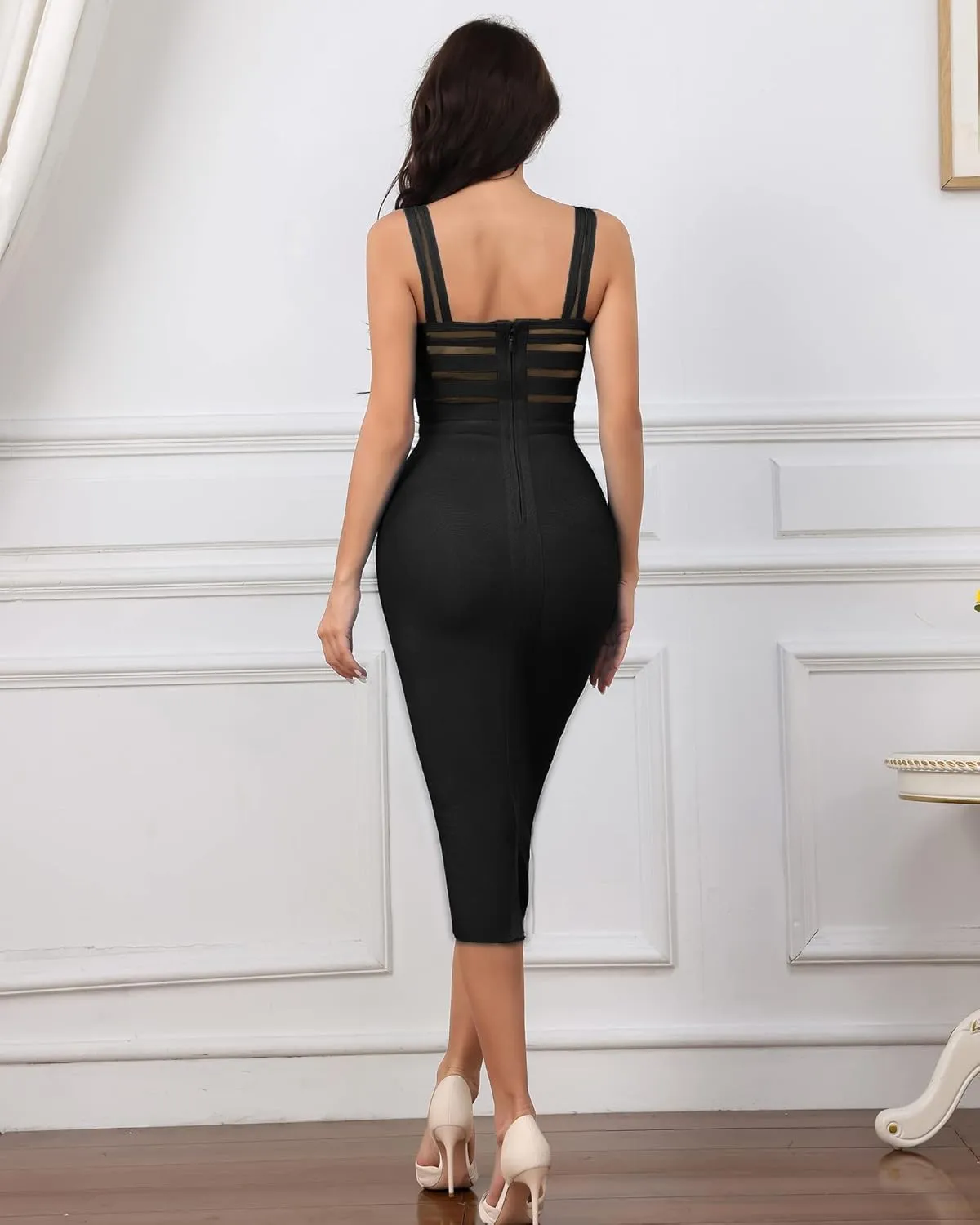 Women's Stretchy Bandage Bodycon Midi Dress Elegant Sleeveless Spaghetti Straps Evening Party Cocktail Dresses
