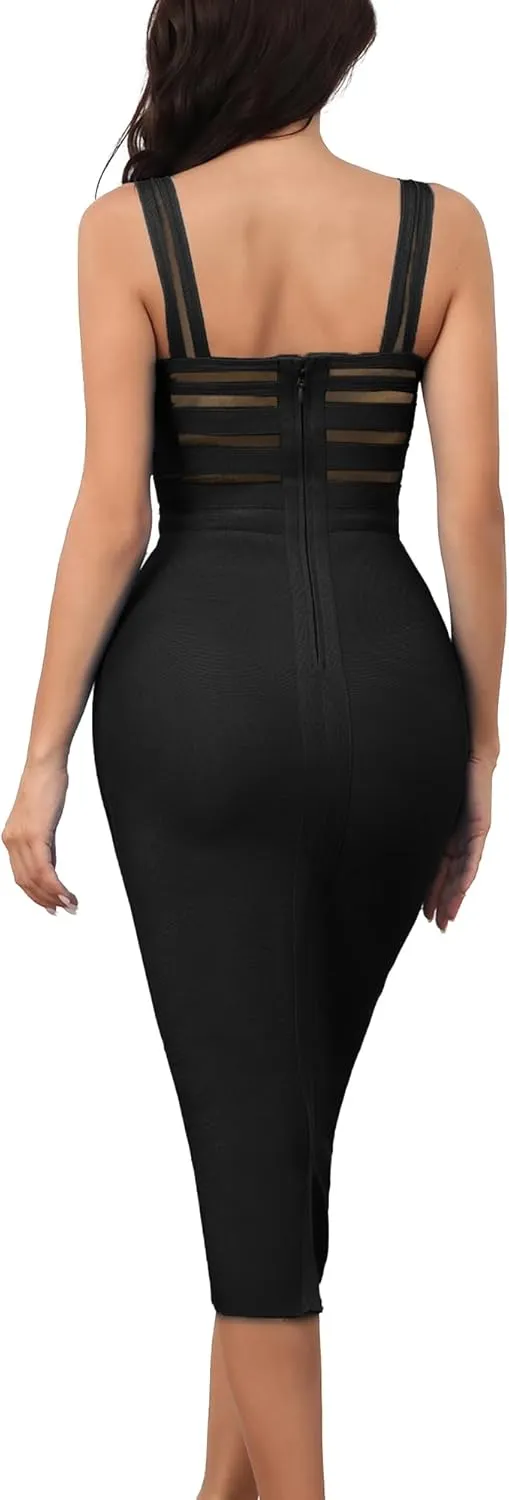 Women's Stretchy Bandage Bodycon Midi Dress Elegant Sleeveless Spaghetti Straps Evening Party Cocktail Dresses