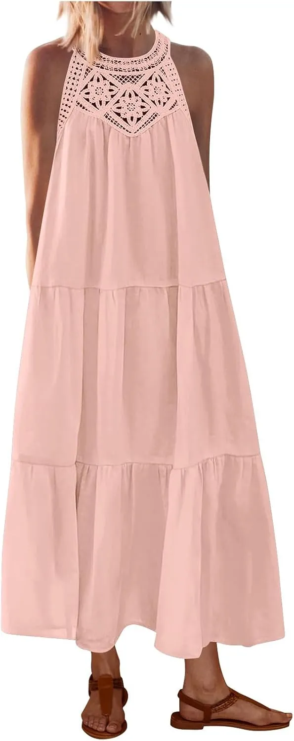 Women's Summer Halter Sundress Trendy Beach Vacation A Linen Swing Dress Boho Tiered Pleated Swing Long Dresses