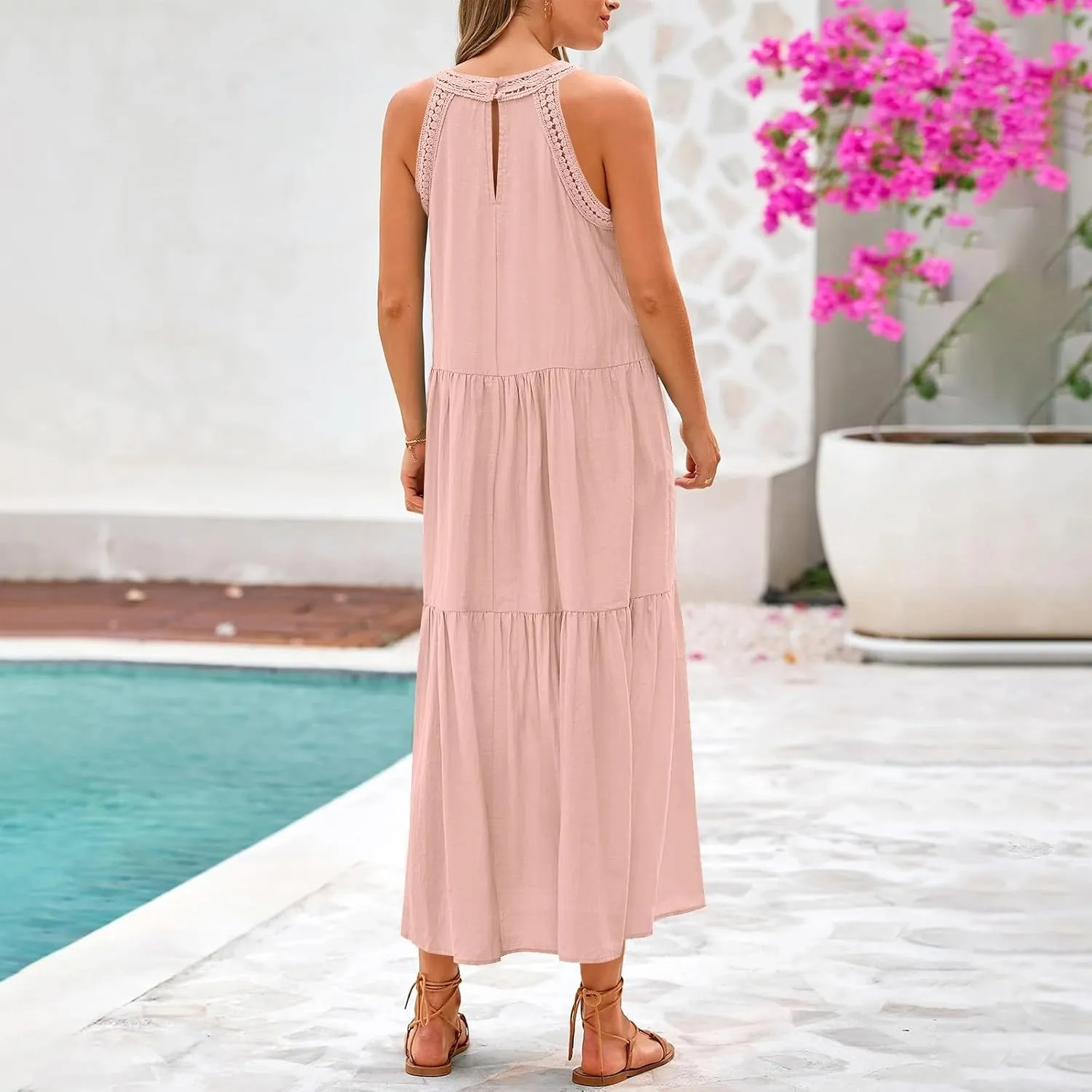 Women's Summer Halter Sundress Trendy Beach Vacation A Linen Swing Dress Boho Tiered Pleated Swing Long Dresses