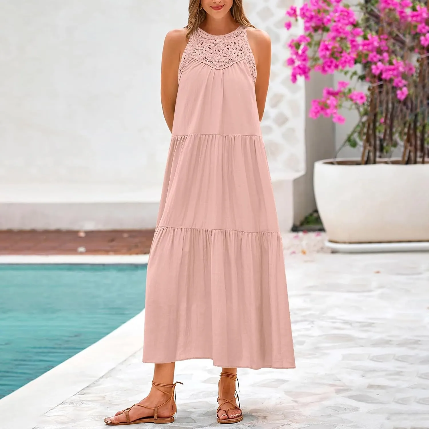 Women's Summer Halter Sundress Trendy Beach Vacation A Linen Swing Dress Boho Tiered Pleated Swing Long Dresses