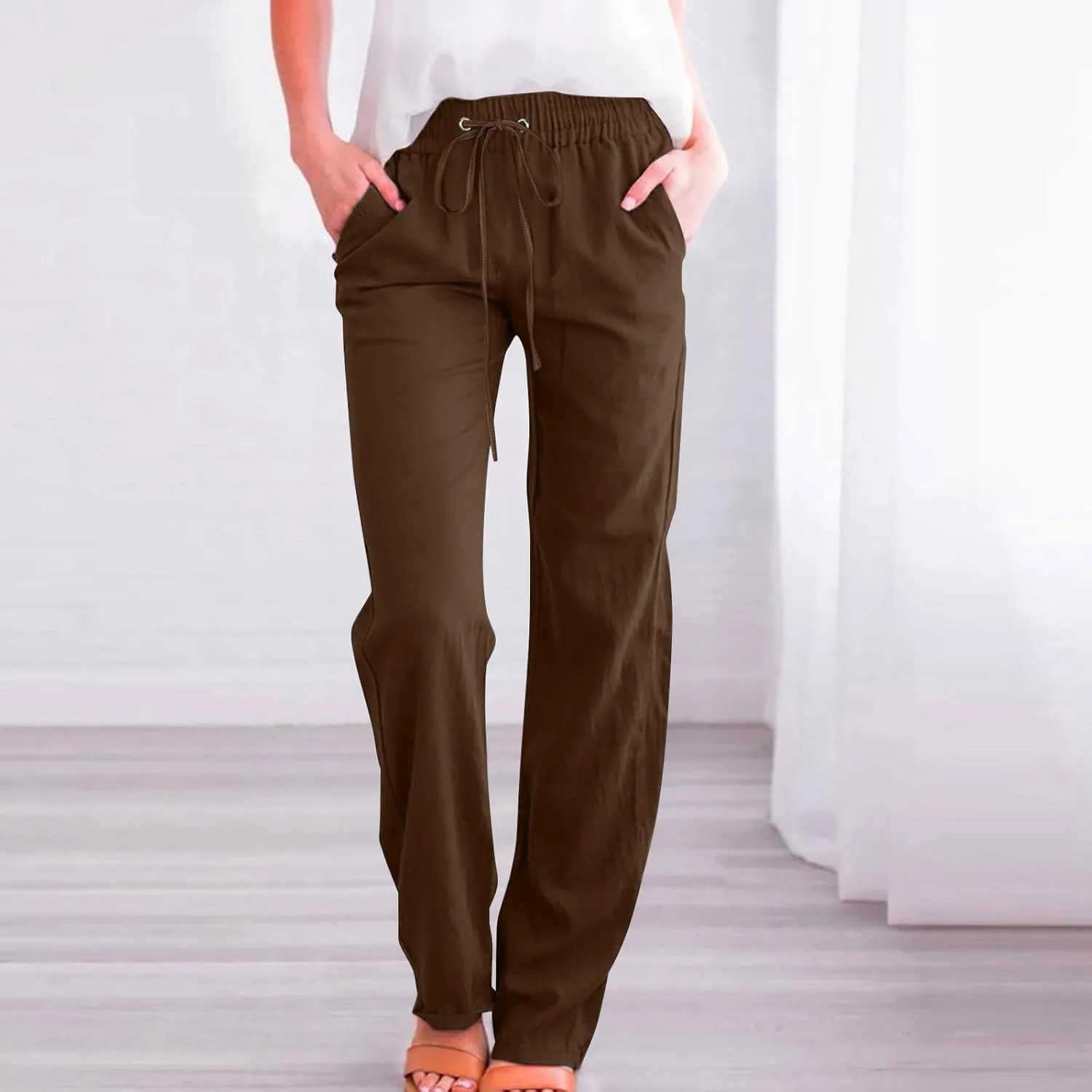 Womens Tapered Pants Cotton Linen Drawstring Elastic Waist Lounge Pants Casual Straight Leg Trousers with Pockets