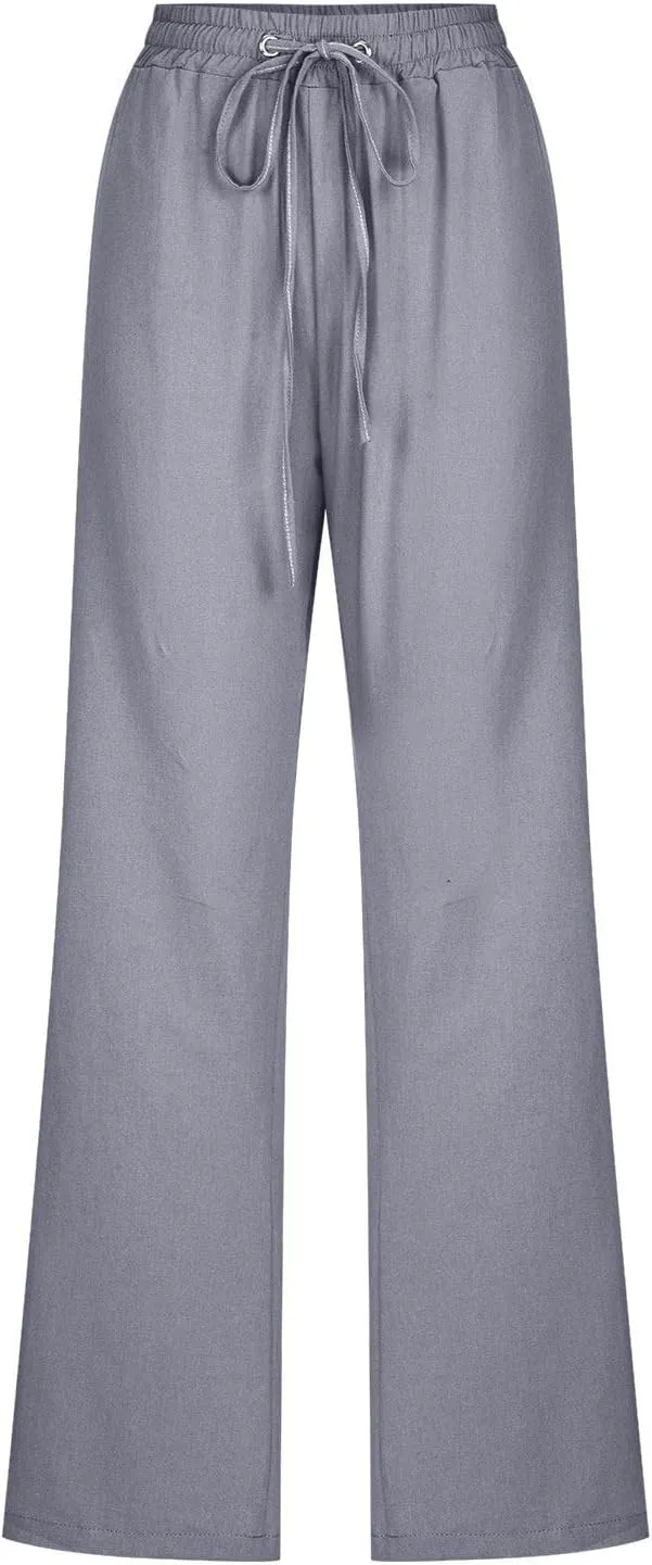 Womens Tapered Pants Cotton Linen Drawstring Elastic Waist Lounge Pants Casual Straight Leg Trousers with Pockets