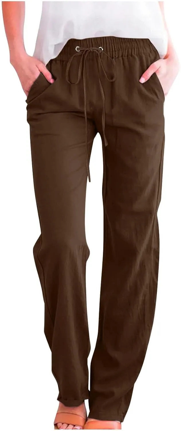 Womens Tapered Pants Cotton Linen Drawstring Elastic Waist Lounge Pants Casual Straight Leg Trousers with Pockets