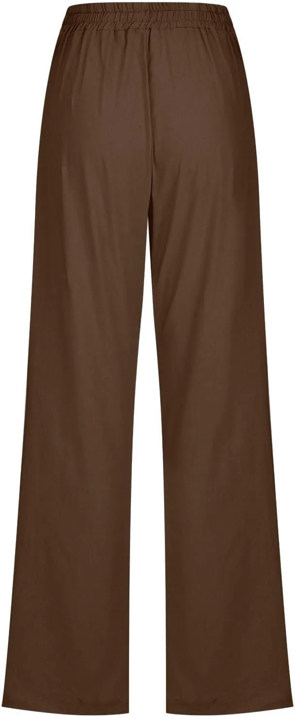 Womens Tapered Pants Cotton Linen Drawstring Elastic Waist Lounge Pants Casual Straight Leg Trousers with Pockets