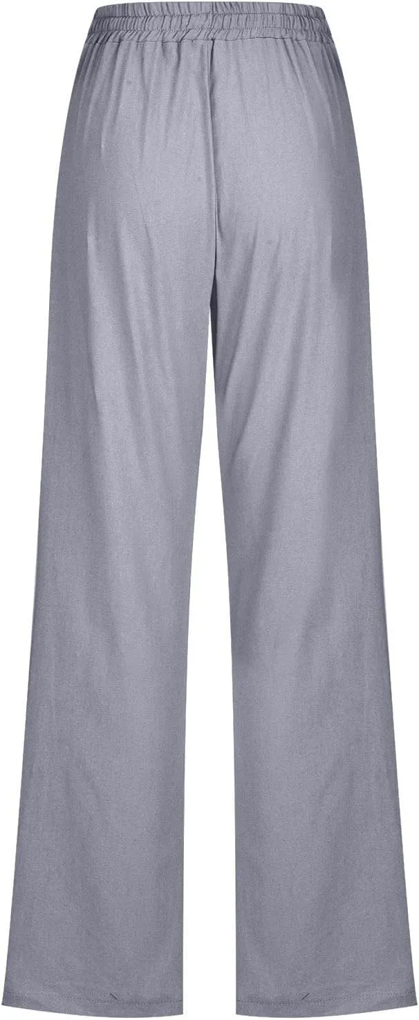 Womens Tapered Pants Cotton Linen Drawstring Elastic Waist Lounge Pants Casual Straight Leg Trousers with Pockets