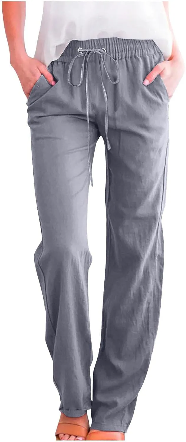 Womens Tapered Pants Cotton Linen Drawstring Elastic Waist Lounge Pants Casual Straight Leg Trousers with Pockets