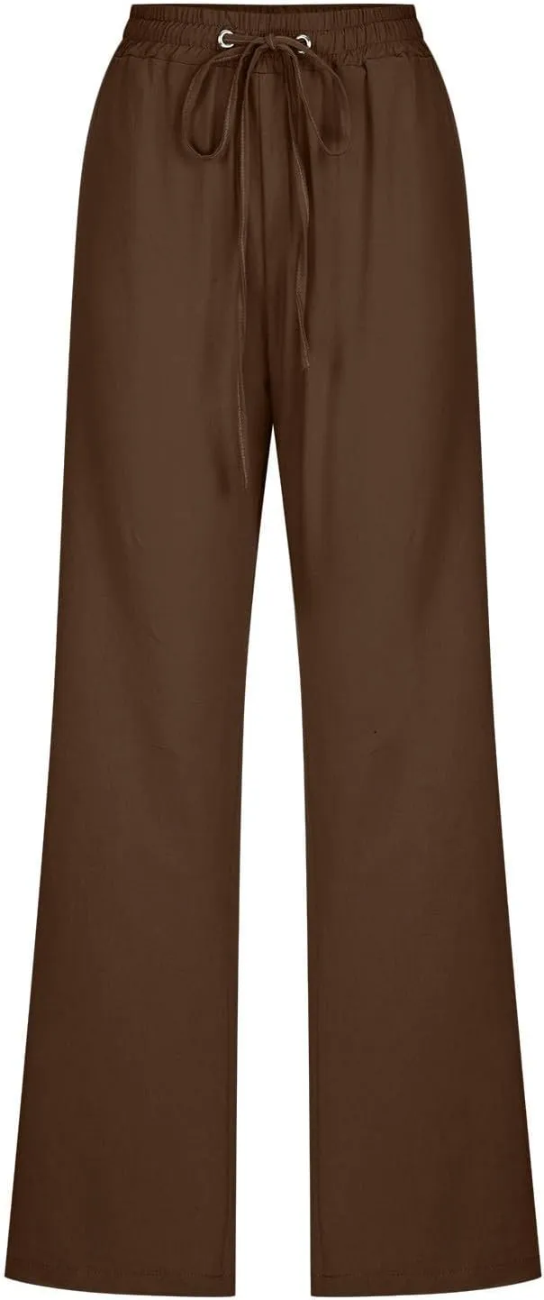 Womens Tapered Pants Cotton Linen Drawstring Elastic Waist Lounge Pants Casual Straight Leg Trousers with Pockets