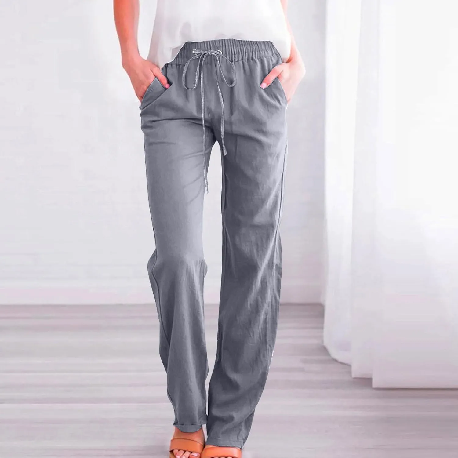 Womens Tapered Pants Cotton Linen Drawstring Elastic Waist Lounge Pants Casual Straight Leg Trousers with Pockets