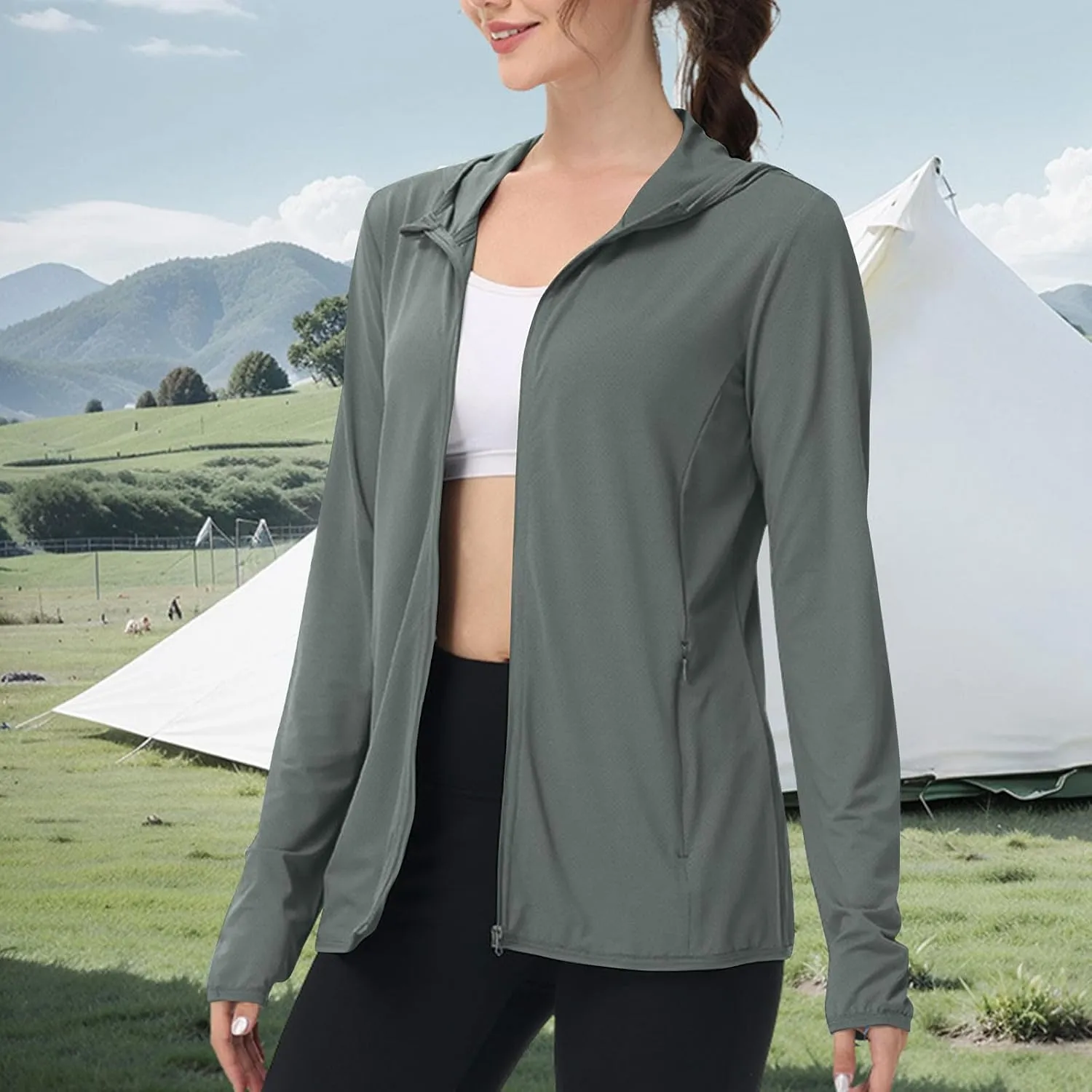 Women's UPF 50  Hooded Sun Shirt Lightweight Long Sleeve Sunscreen Hooded Jacket Summer Ultra Soft Full Zip Up Hoodie