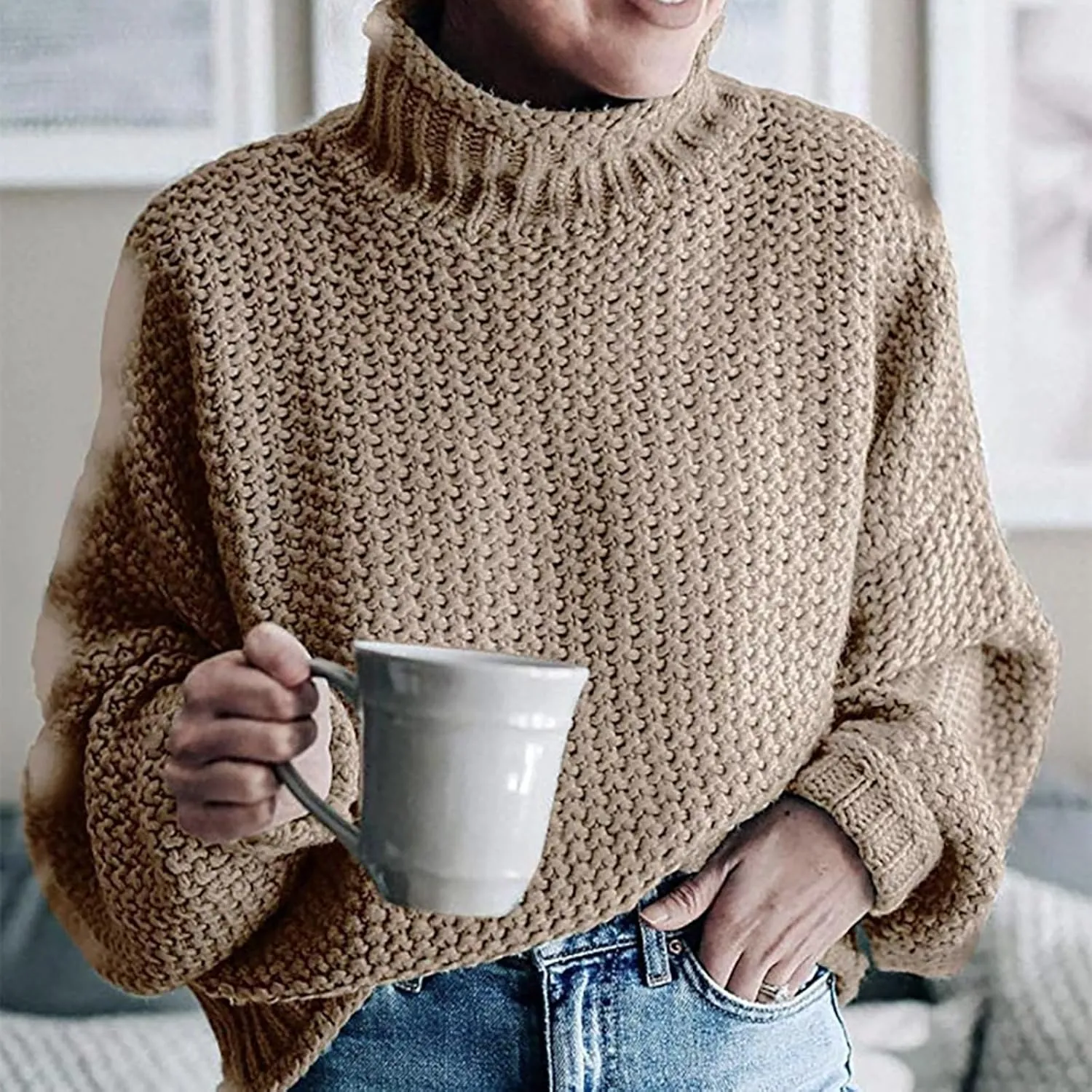 Womens Winter Fall Solid Turtleneck Long Sleeve Sweater Casual Lightweight Loose Oversized Cable Knit Pullover Jumper Tops