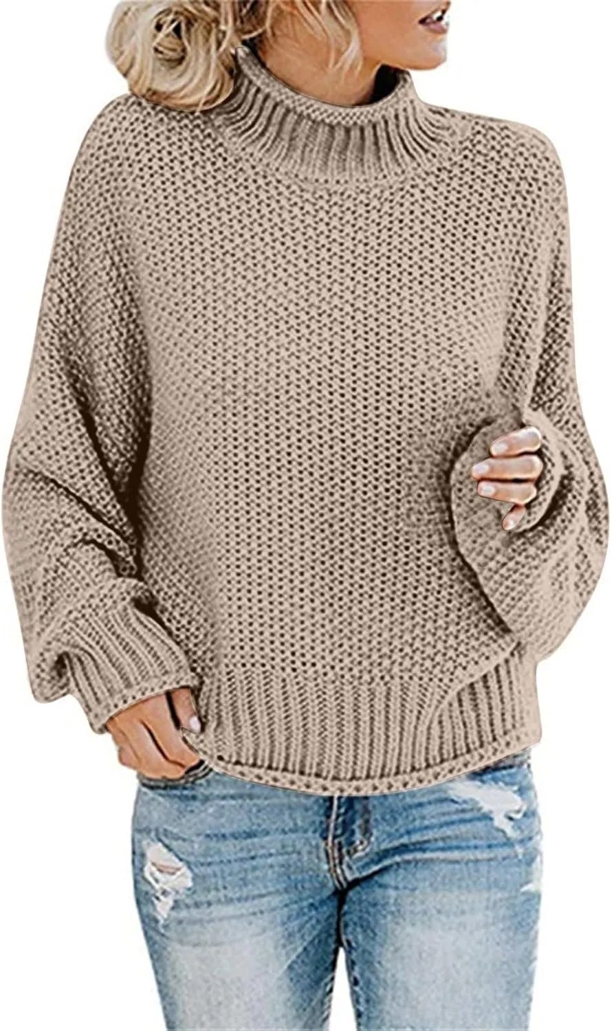 Womens Winter Fall Solid Turtleneck Long Sleeve Sweater Casual Lightweight Loose Oversized Cable Knit Pullover Jumper Tops