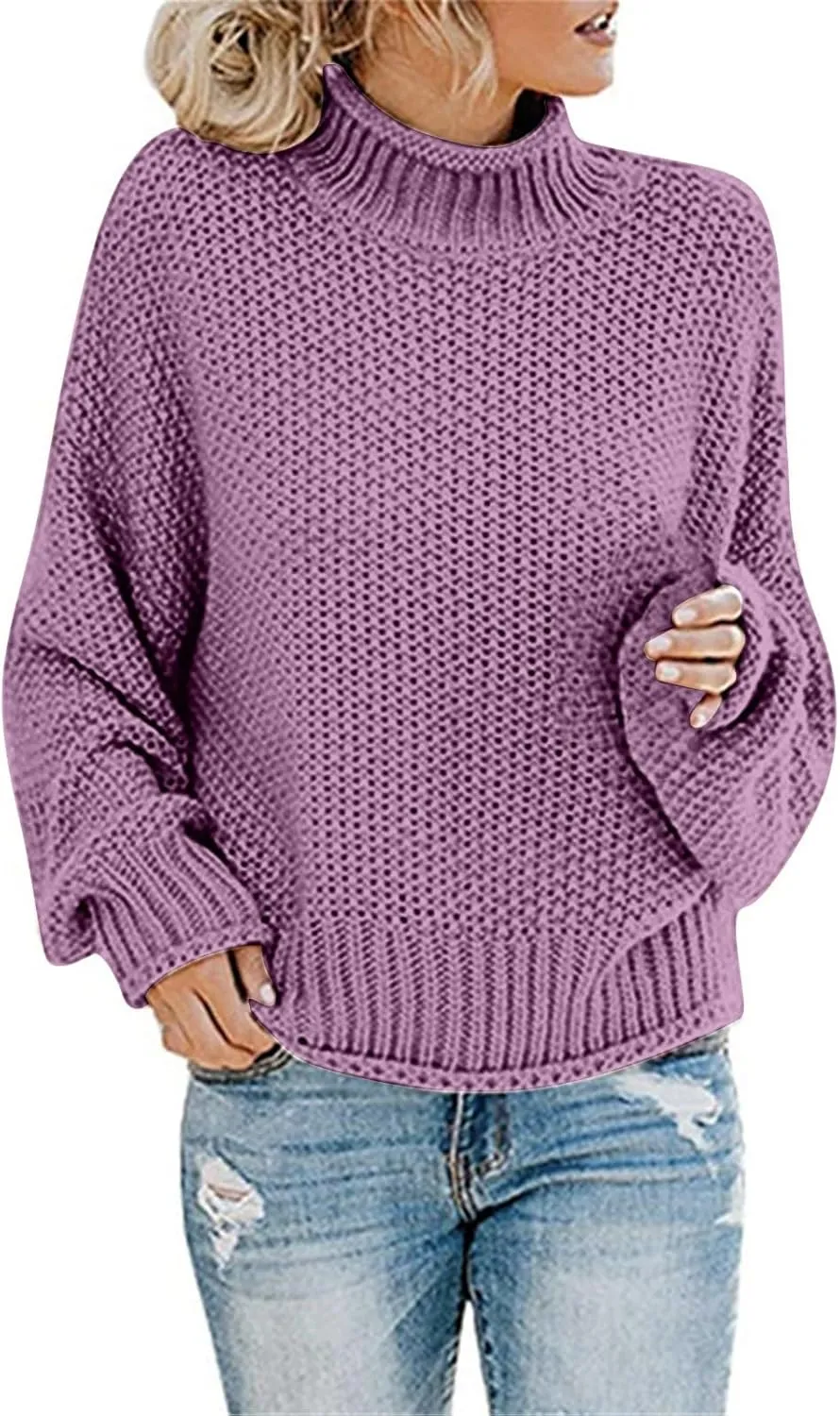 Womens Winter Fall Solid Turtleneck Long Sleeve Sweater Casual Lightweight Loose Oversized Cable Knit Pullover Jumper Tops