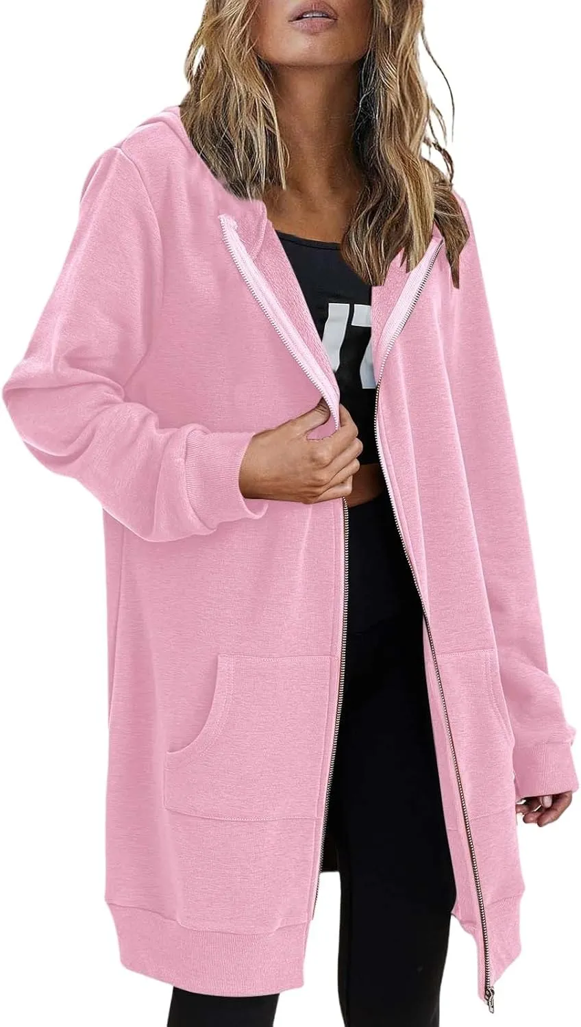 Womens Zip Up Hoodies Long Sleeve Hooded Lightweight Sweatshirt Oversized Fleece Jacket With Pockets Fall Clothes