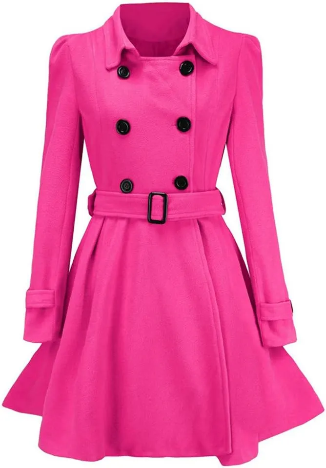 XUETON Womens Fall Winter Double Breasted Wool Coat Lapel Long Trench Jacket Winter Coats Slim Overcoat Outerwear Coat Hot Pink