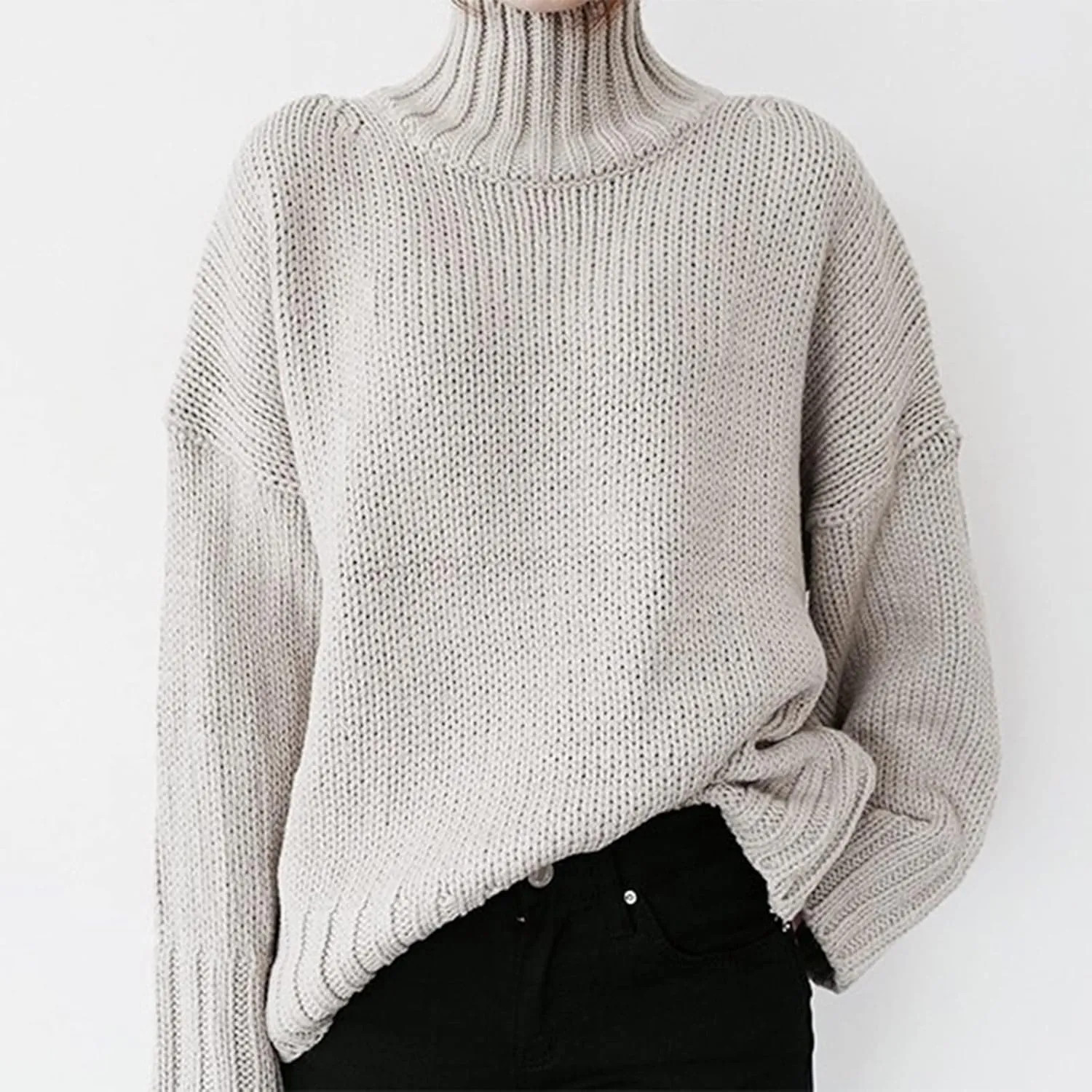 XUETON Womens Oversized Long Sleeve Turtleneck Pullover Sweater Soft Casual Lightweight Cable Knit Loose Pullover Jumper Tops