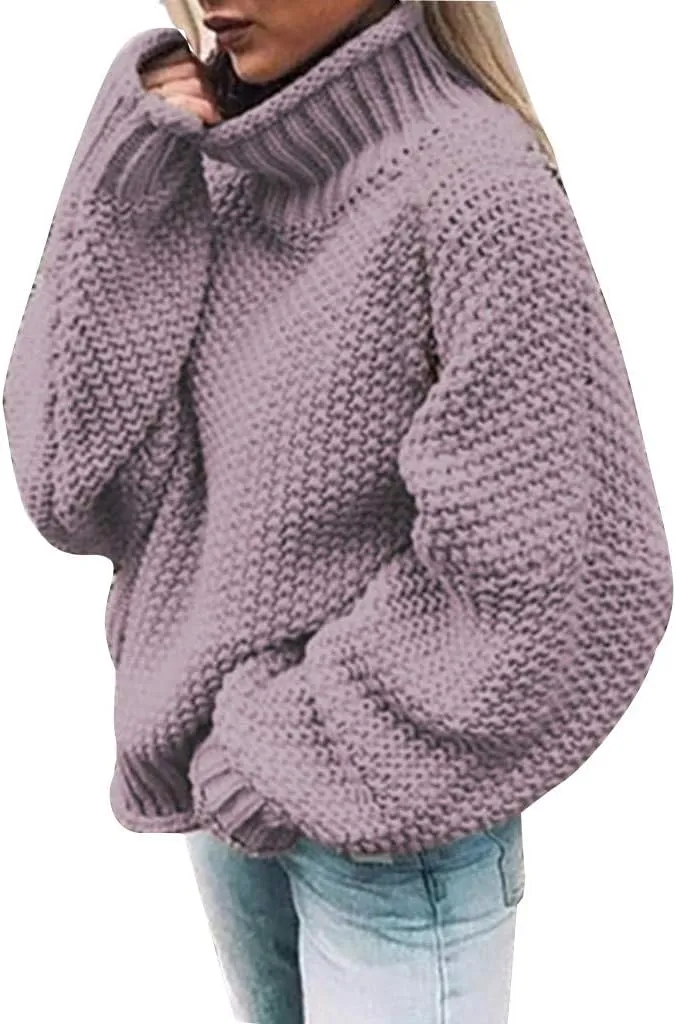 XUETON Womens Oversized Turtleneck Sweaters Batwing Long Sleeve Heavyweight Winter Autumn Warm Casual Solid Color Loose Fit Chunky Knit Pullover Sweater Jumper Tops(Purple,Small)