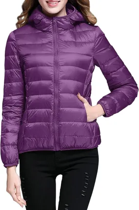 XUETON Womens Zip Up Lightweight Packable Down Puffer Jacket Autumn Winter Warm Hooded Windproof Water-Resistant Short Down Jacket Outerwear(Purple,X-Large)