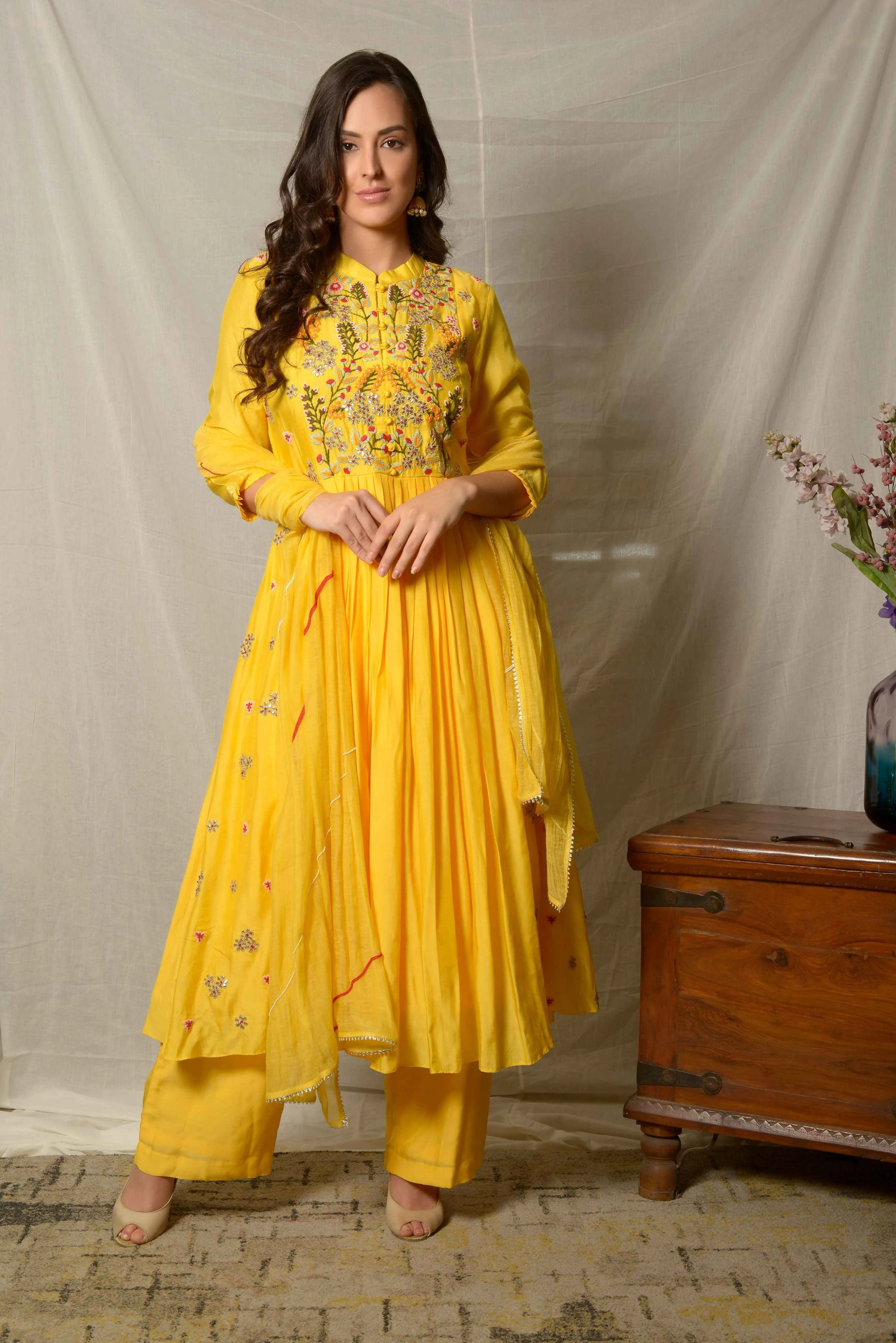 Yellow Gota Patti Pleated Cotton Silk Suit