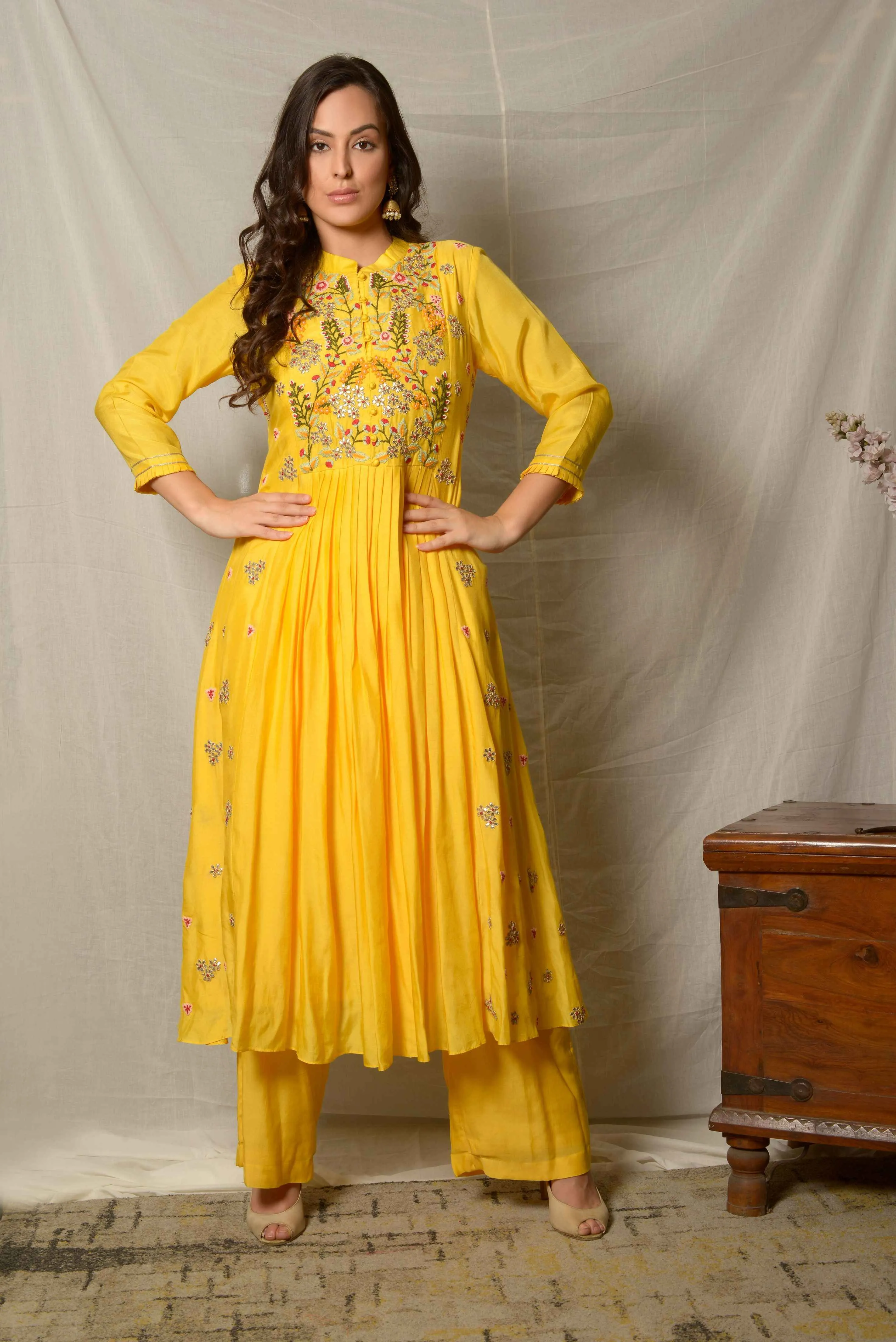 Yellow Gota Patti Pleated Cotton Silk Suit