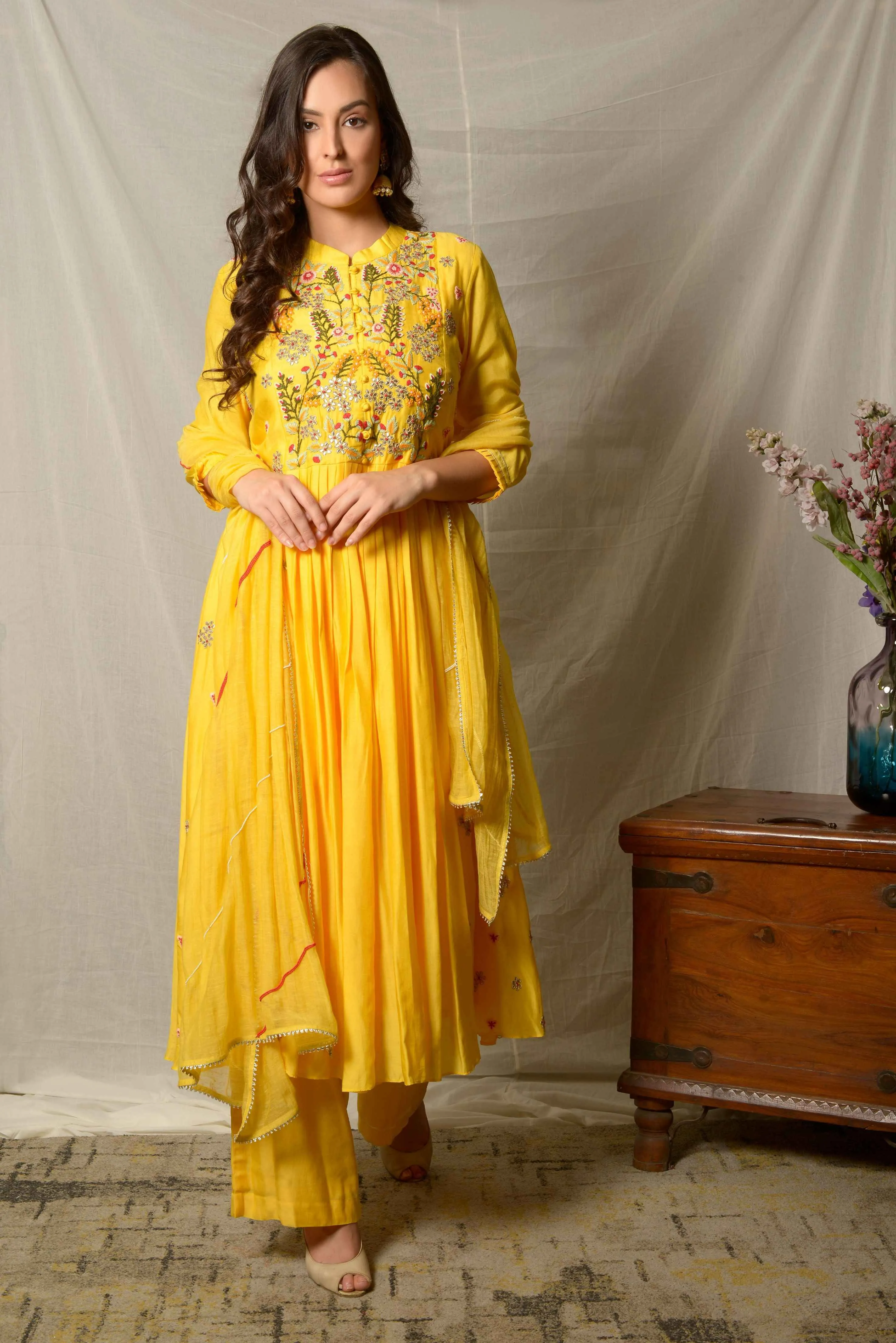 Yellow Gota Patti Pleated Cotton Silk Suit