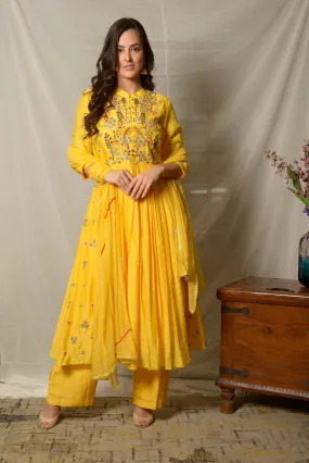 Yellow Gota Patti Pleated Cotton Silk Suit