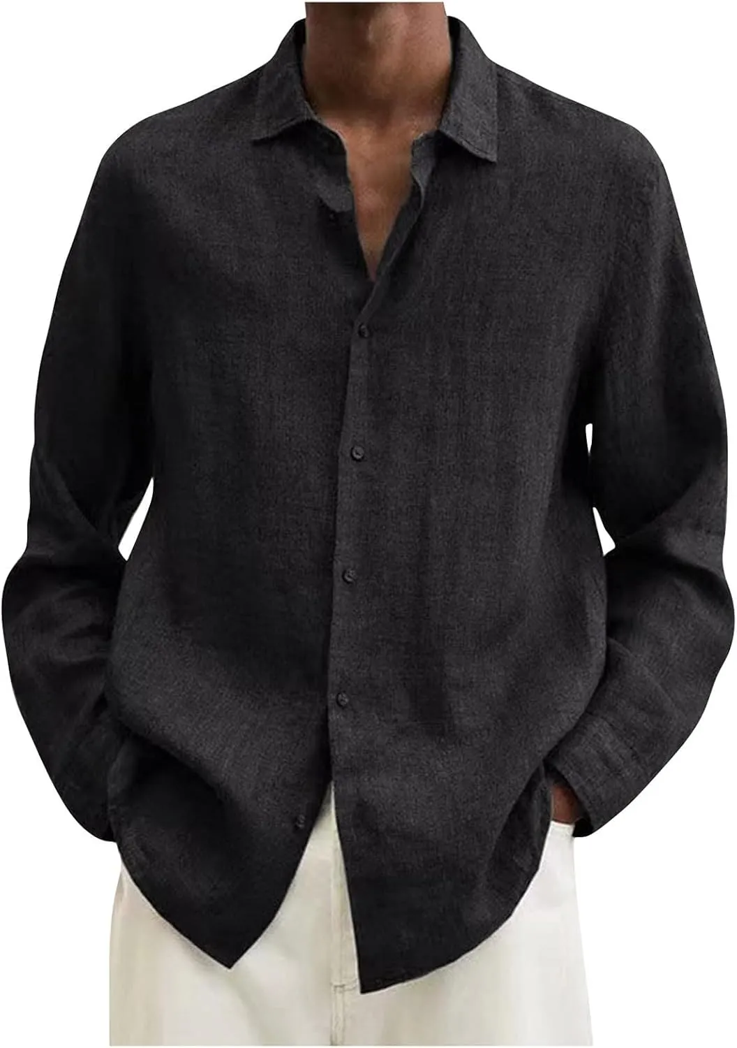 Ymosrh Mens Shirts Button Up Casual Men's Casual Cotton Linen Solid Color Long Sleeve Shirts Loose Men Down Shirt