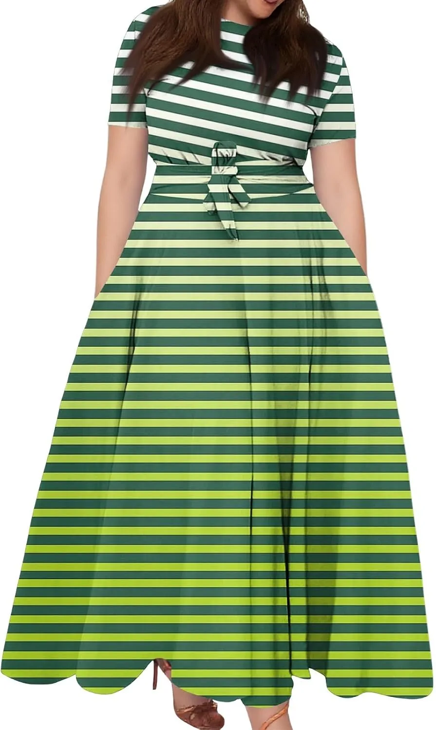 ZEFOTIM Maxi Dress for Women Plus Size Elegant Striped Dress Short Sleeve Crew Neck Dresses